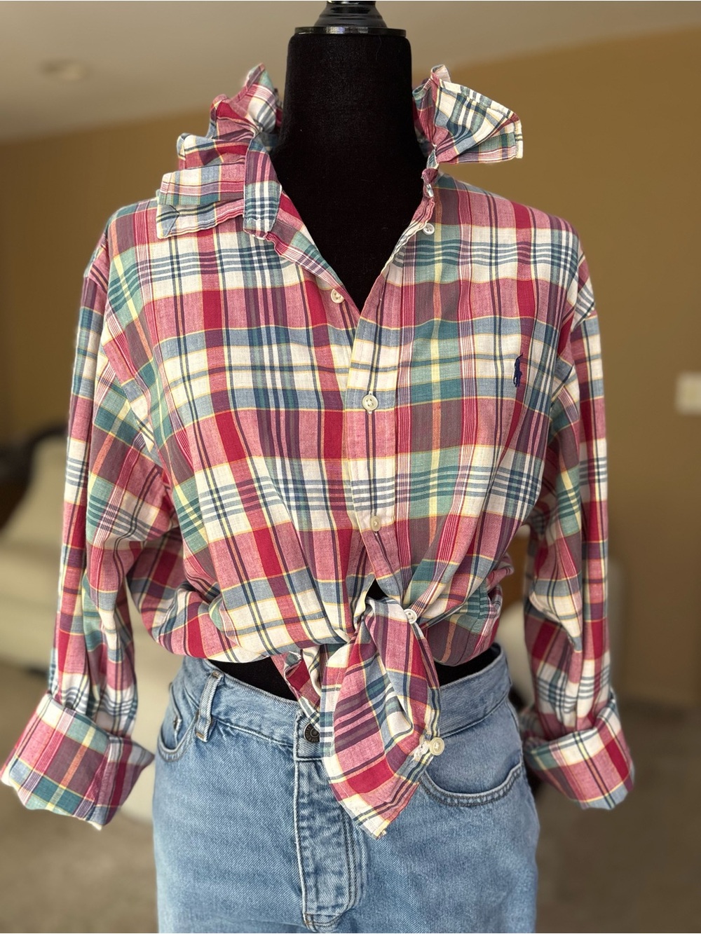 Reworked Ralph Lauren Plaid Button-Front Tie Shirt - Red Multi size L